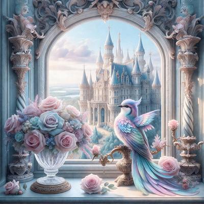 The primary subject of the image is a bird perched on a statue, which is situated in front of a window. The setting is a beautiful castle, with a pink and white color scheme. The visual style is a combination of digital art and illustration, creating a whimsical and fantastical atmosphere. The dominant colors are pink, white, and blue, which contribute to the overall mood of the scene.
